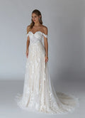 Off -Shoulder Wedding Dress Sheer Skirt Intricate Embroidery, Sweetheart Neckline Fit and Flare Silhouette for Romantic Weddings