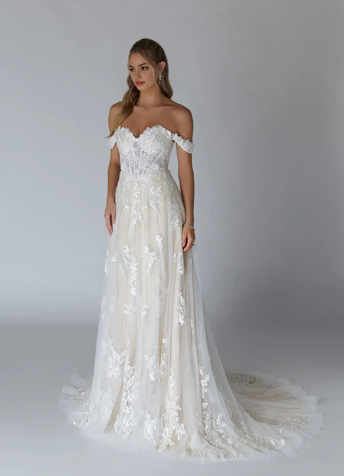 Off -Shoulder Wedding Dress Sheer Skirt Intricate Embroidery, Sweetheart Neckline Fit and Flare Silhouette for Romantic Weddings