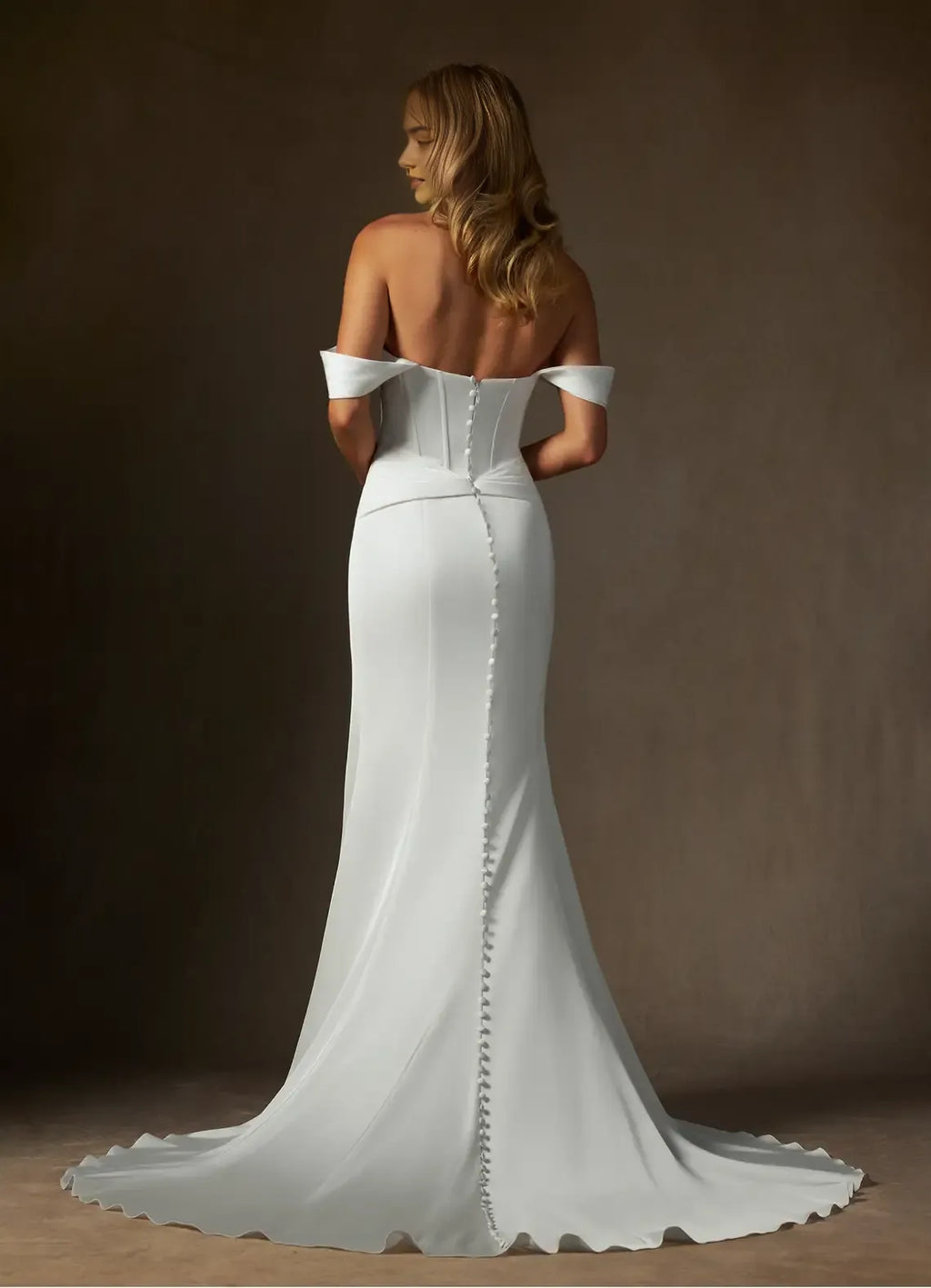 White Off - Shoulder Mermaid Strapless Wedding Dress Ruched Bodice High Slit Corset Detailing Train