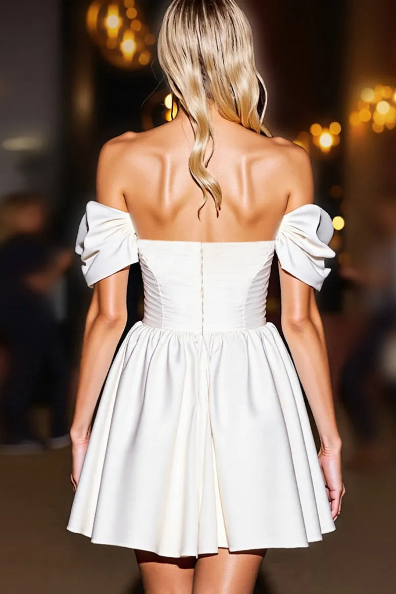White Off - Shoulder Homecoming Dress with Bow - Detailed Sleeves