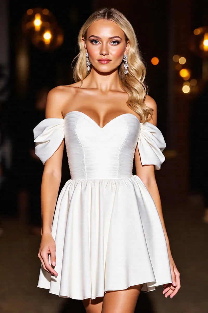 White Off - Shoulder Homecoming Dress with Bow - Detailed Sleeves