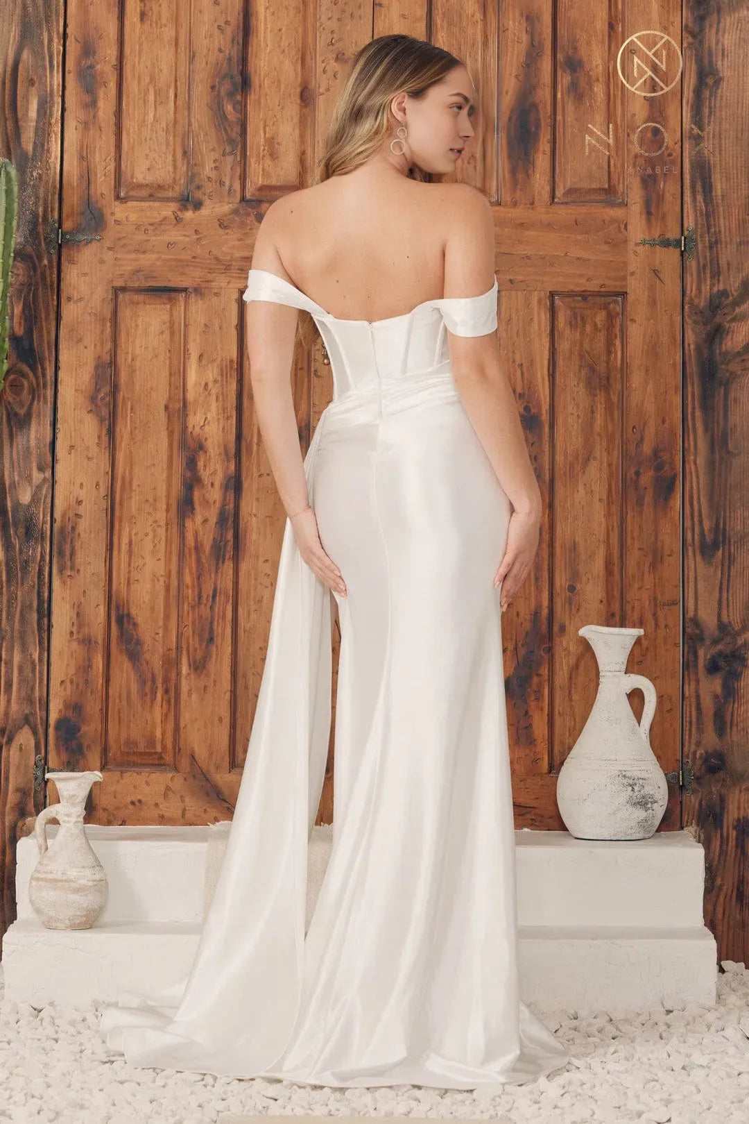 White Off - Shoulder Prom Dress with Ruched Bodice High Side Slit and Flowing Train