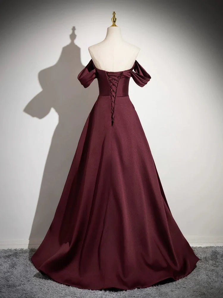 Burgundy Off-the-Shoulder Floor-Length Evening Dress