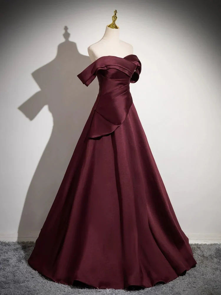 Burgundy Off-the-Shoulder Floor-Length Evening Dress