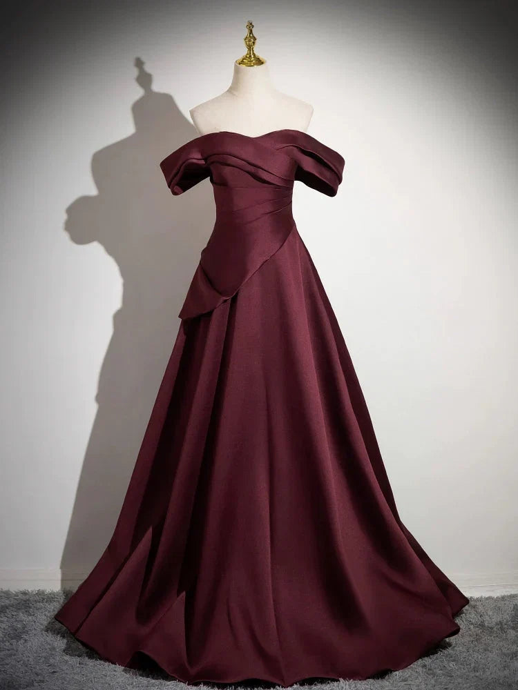 Burgundy Off-the-Shoulder Floor-Length Evening Dress