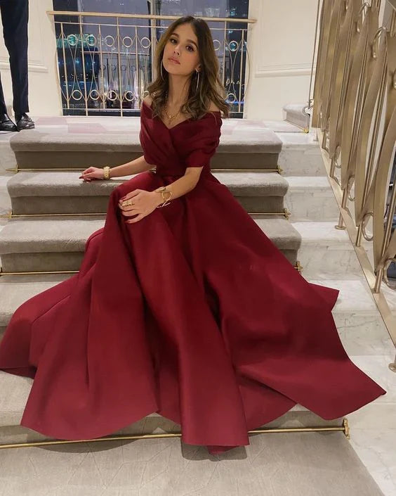Burgundy Off-the-Shoulder Floor-Length Evening Dress