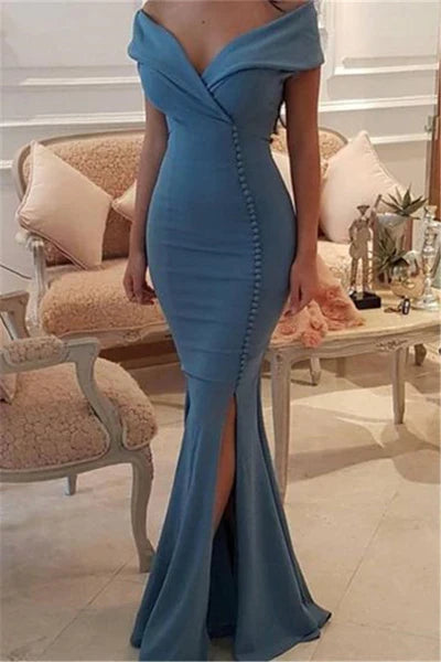 Off-the-Shoulder Slit Mermaid Buttons Evening Dress Long On Sale