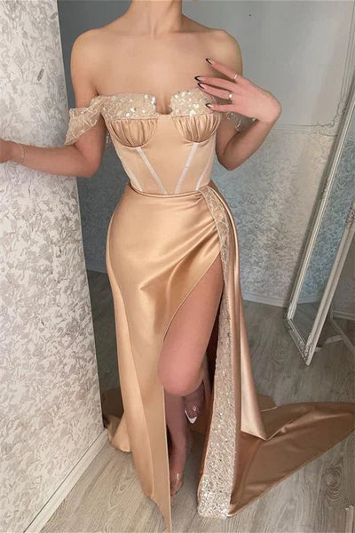Off-the-shoulder Sequins Sleeveless Mermaid Evening Dresses With Split