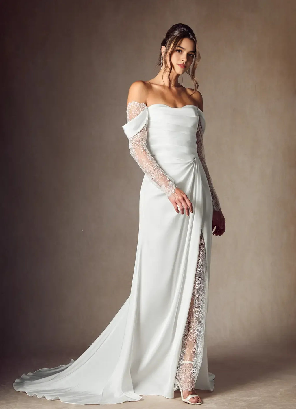 Off Shoulder A-Line Sweetheart Neckline Wedding Dress Wrap Bodice Sheer Sleeves High Slit with Lining Train for Fashion Forward Brides