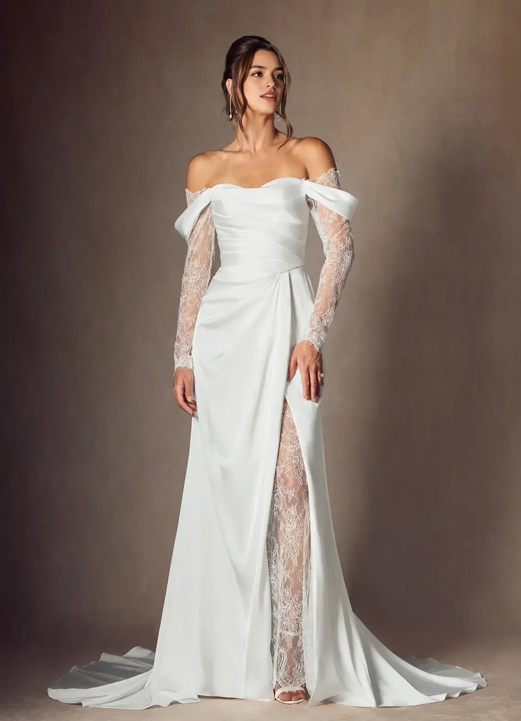 Off Shoulder A-Line Sweetheart Neckline Wedding Dress Wrap Bodice Sheer Sleeves High Slit with Lining Train for Fashion Forward Brides