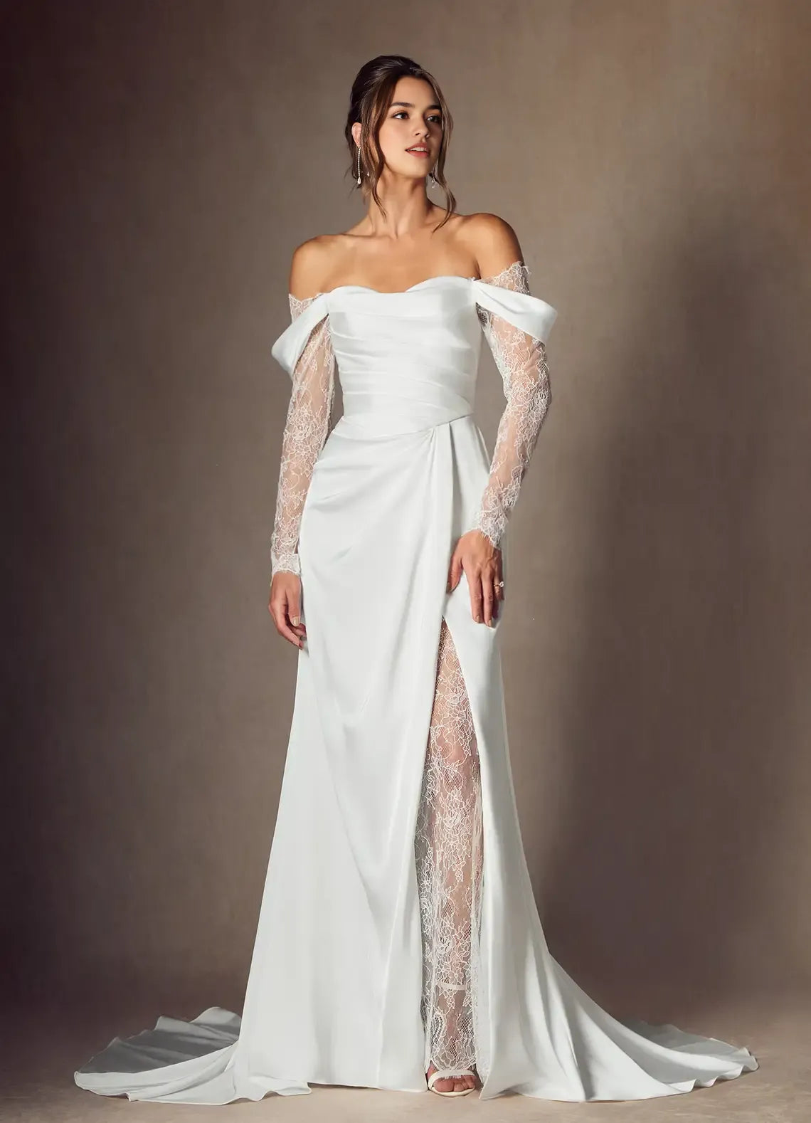 Off Shoulder A-Line Sweetheart Neckline Wedding Dress Wrap Bodice Sheer Sleeves High Slit with Lining Train for Fashion Forward Brides