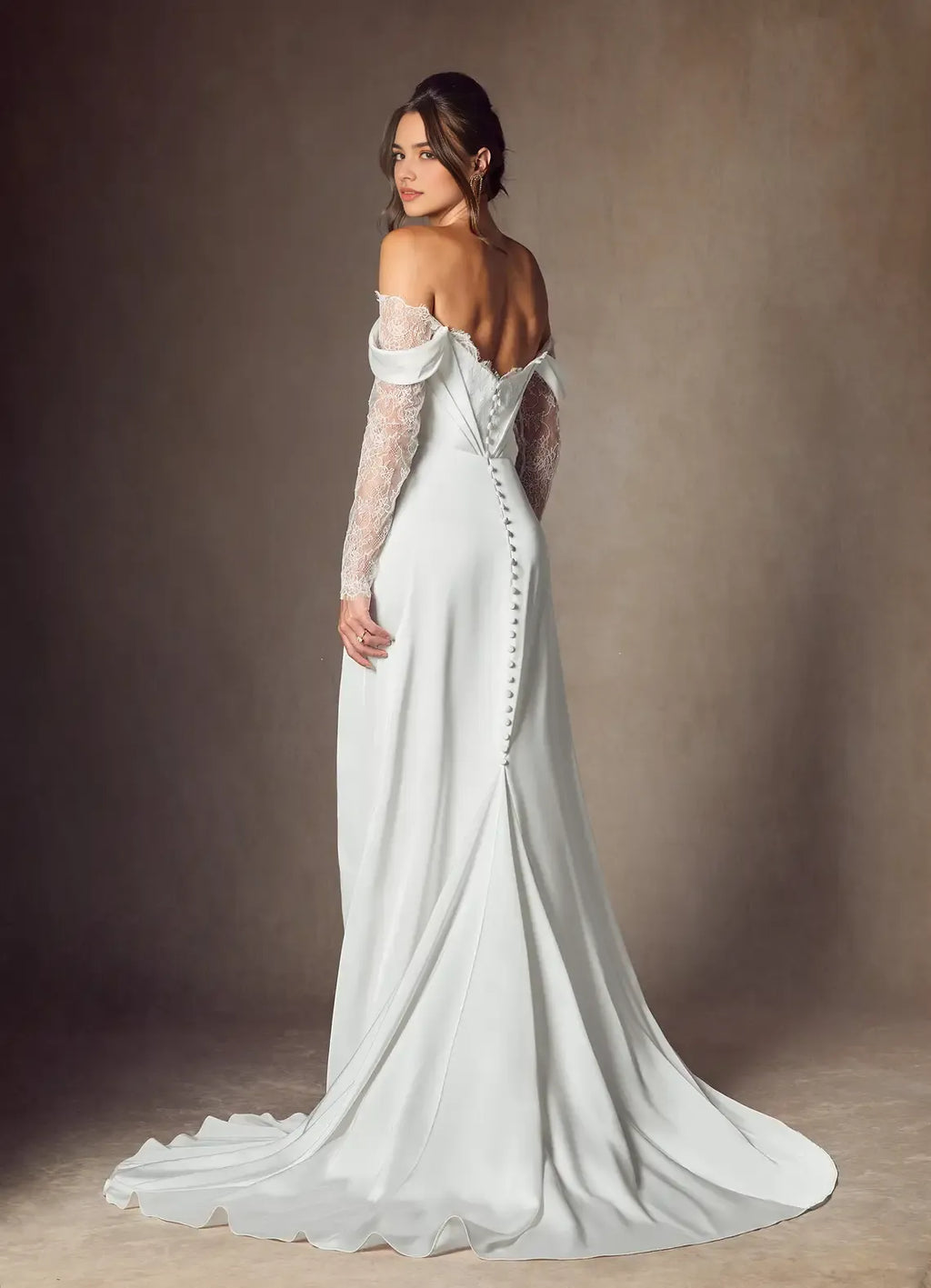 Off Shoulder A-Line Sweetheart Neckline Wedding Dress Wrap Bodice Sheer Sleeves High Slit with Lining Train for Fashion Forward Brides