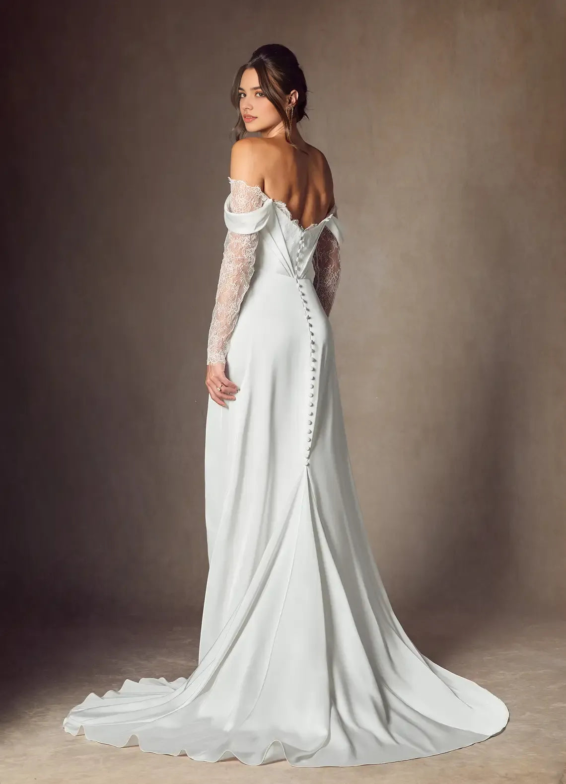 Off Shoulder A-Line Sweetheart Neckline Wedding Dress Wrap Bodice Sheer Sleeves High Slit with Lining Train for Fashion Forward Brides