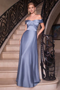 Blue Off Shoulder Dusty Prom Gown with Crossover Bow Detail for Formal Galas
