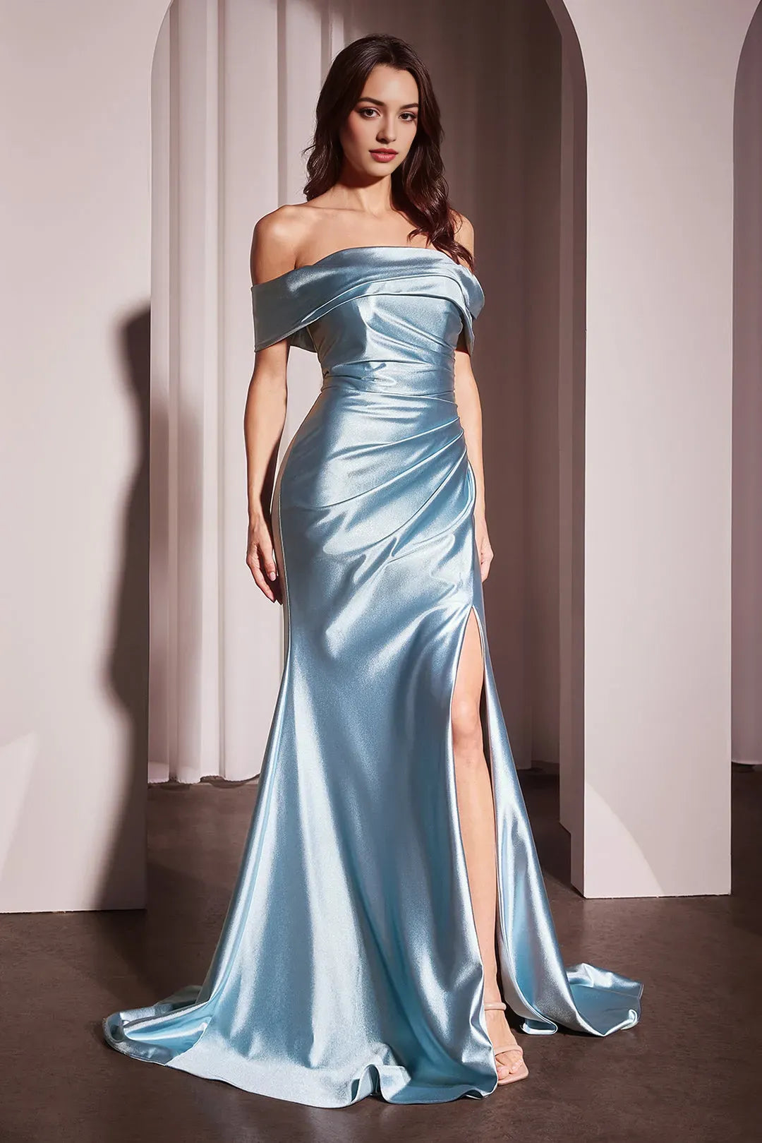Light Blue Off Shoulder Light Mermaid Prom Dress with High Side Slit for Glamorous Evenings