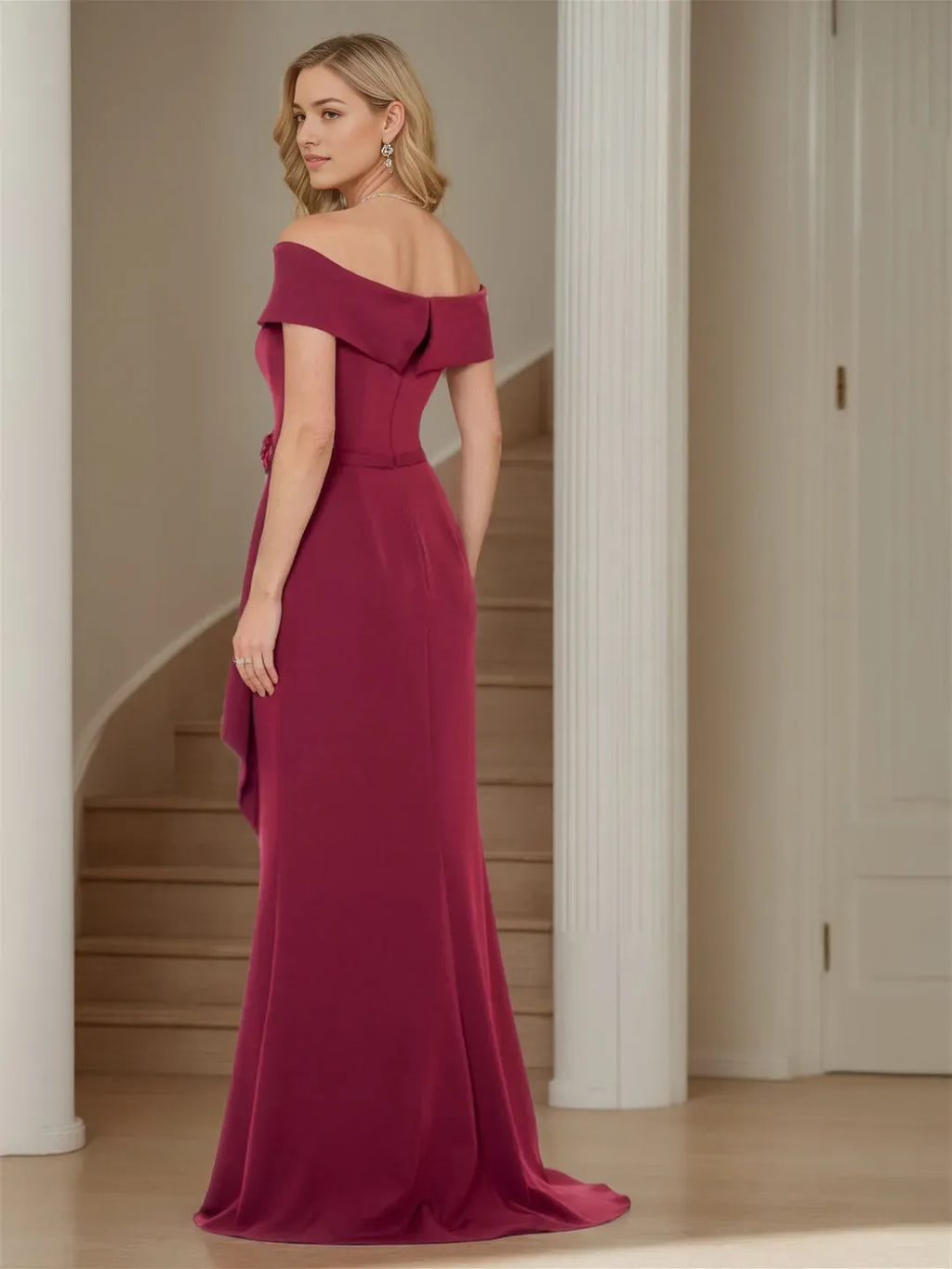Burgundy Off Shoulder Mother of the Bride Dress Floral Belt Side Slit