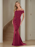 Burgundy Off Shoulder Mother of the Bride Dress Floral Belt Side Slit