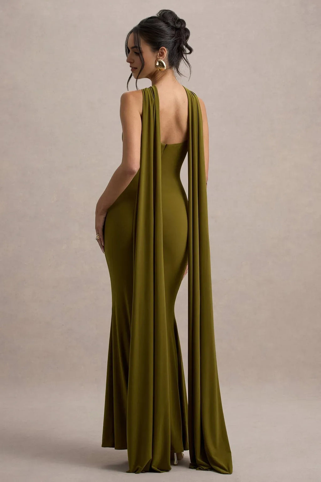 Green Olive Halter Neck Prom Dress with Twisted Keyhole and Flowing Cape Sleeves