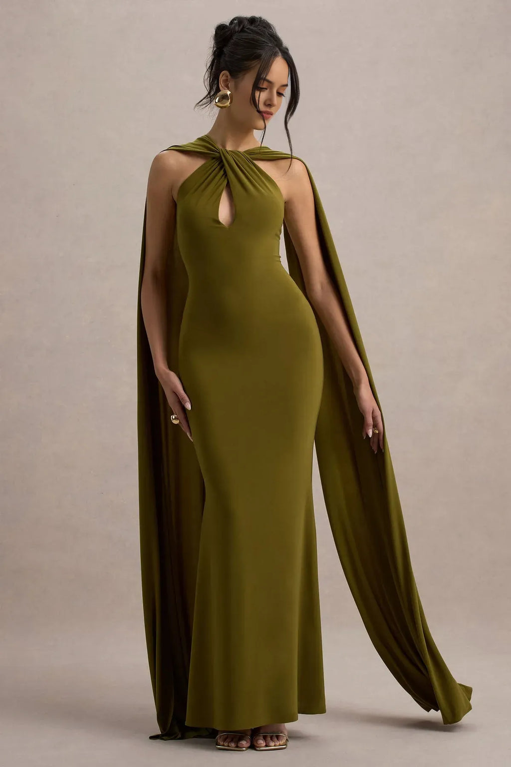 Green Olive Halter Neck Prom Dress with Twisted Keyhole and Flowing Cape Sleeves