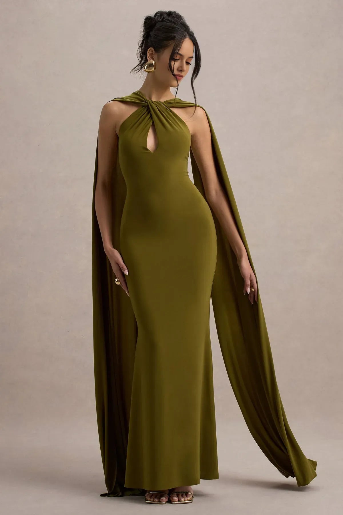 Green Olive Halter Neck Prom Dress with Twisted Keyhole and Flowing Cape Sleeves