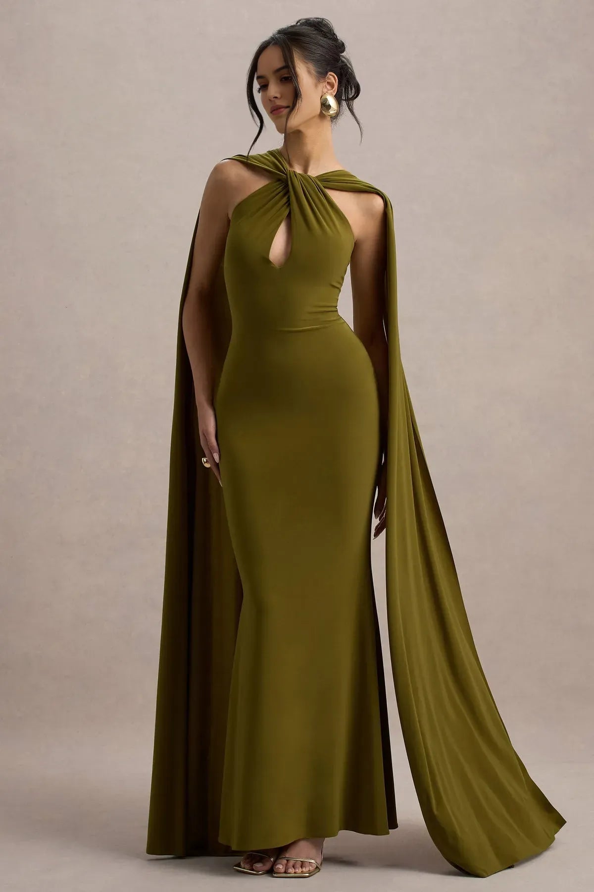 Green Olive Halter Neck Prom Dress with Twisted Keyhole and Flowing Cape Sleeves