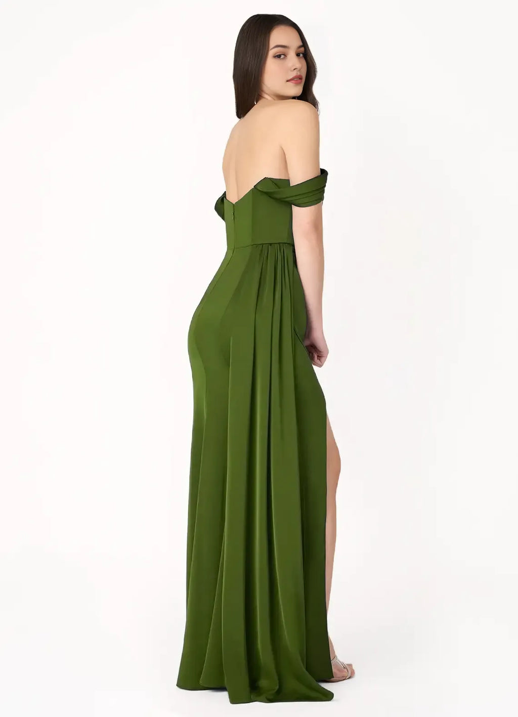 Green Olive Off - Shoulder Prom Dress with Corset Bodice High Slit and Train for Formal Galas