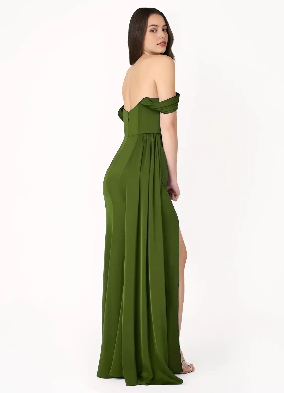 Green Olive Off - Shoulder Prom Dress with Corset Bodice High Slit and Train for Formal Galas