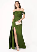 Green Olive Off - Shoulder Prom Dress with Corset Bodice High Slit and Train for Formal Galas