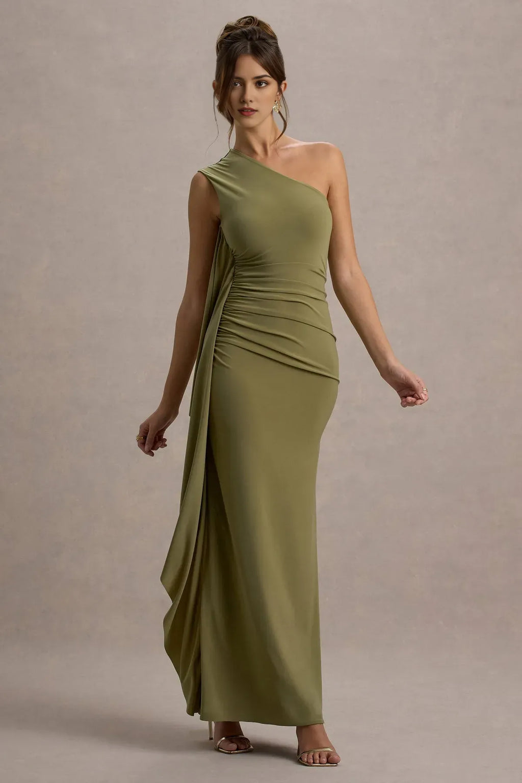 Green Olive One - Shoulder Prom Dress with Draped Ruffle Detail Ruched Waist Floor Length Bodycon Silhouette Ideal for Formal Galas Evening Balls Sophisticated Soirées