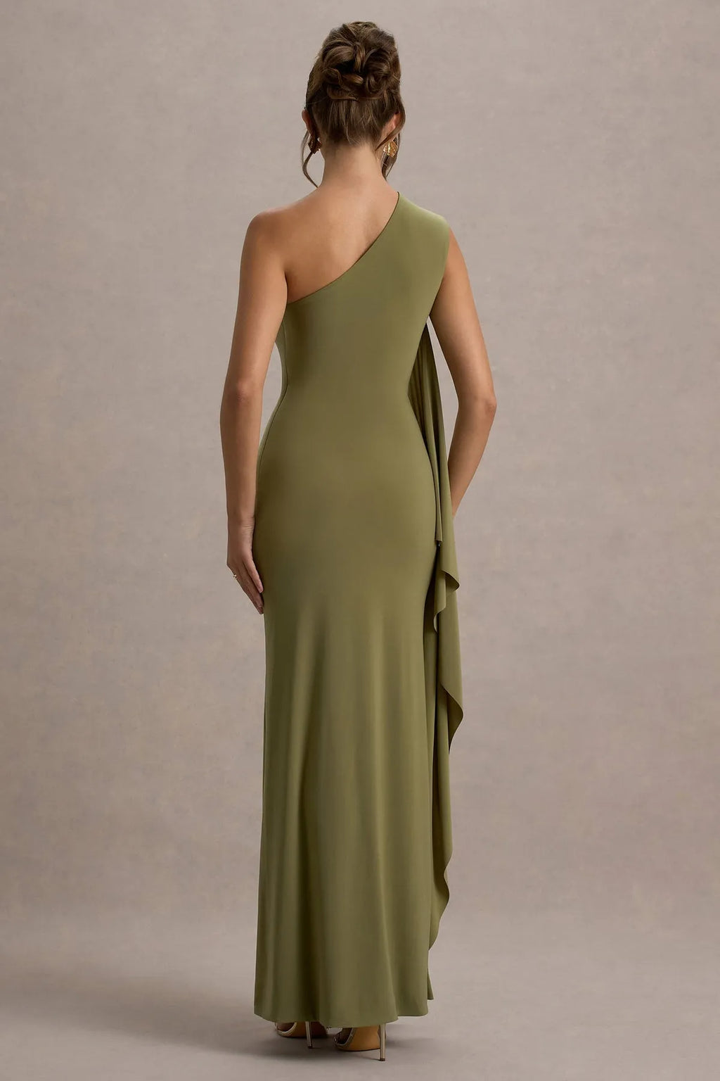 Green Olive One - Shoulder Prom Dress with Draped Ruffle Detail Ruched Waist Floor Length Bodycon Silhouette Ideal for Formal Galas Evening Balls Sophisticated Soirées