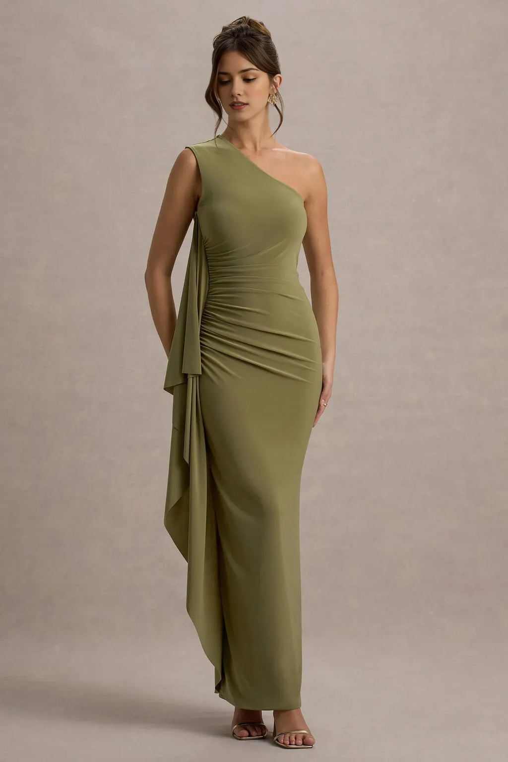 Green Olive One - Shoulder Prom Dress with Draped Ruffle Detail Ruched Waist Floor Length Bodycon Silhouette Ideal for Formal Galas Evening Balls Sophisticated Soirées