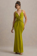 Green Olive Prom Dress Twist Front Design Plunging V - Neck and Body Conforming Fabric for Timeless Glamour