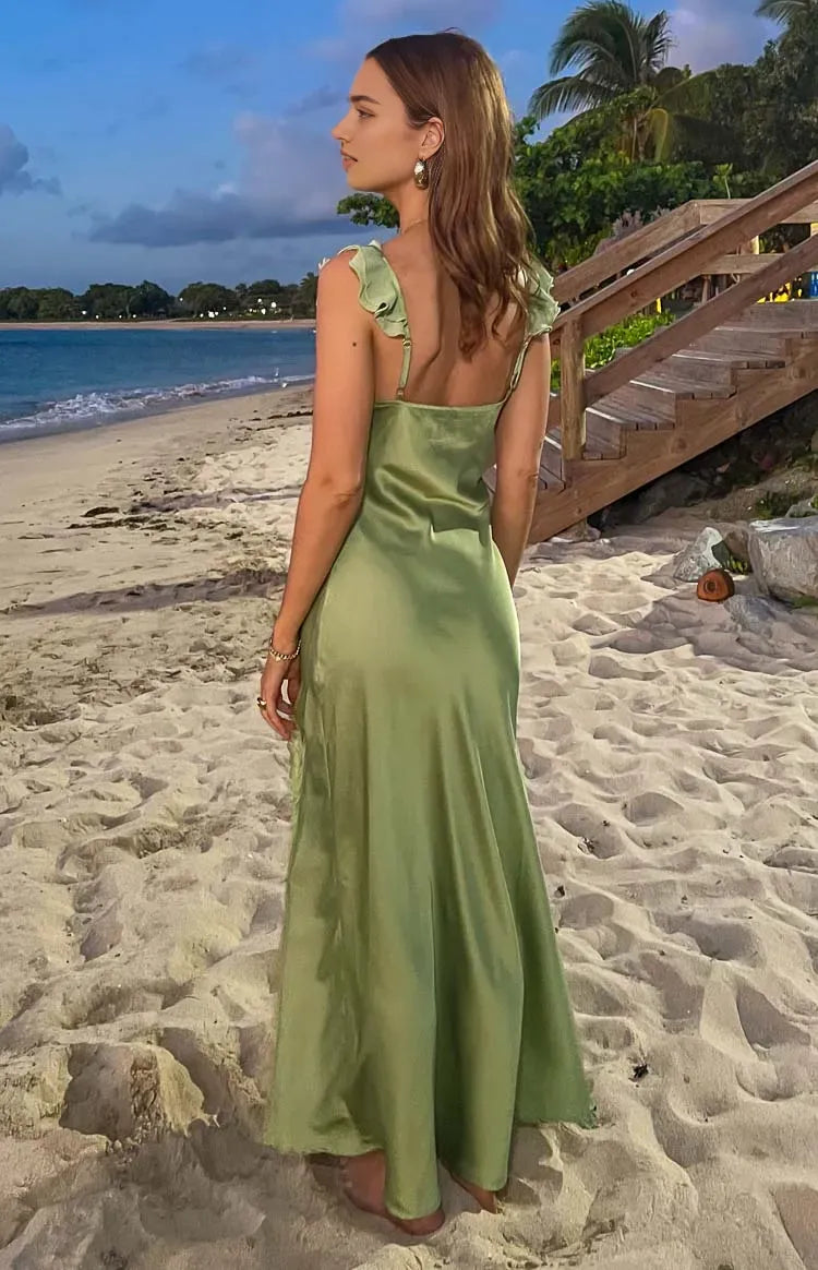 Green Olive Prom Dress Ruffled Spaghetti Straps Plunging V Neck Side Slit for a Tropical Glam Look