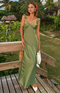 Green Olive Prom Dress Ruffled Spaghetti Straps Plunging V Neck Side Slit for a Tropical Glam Look