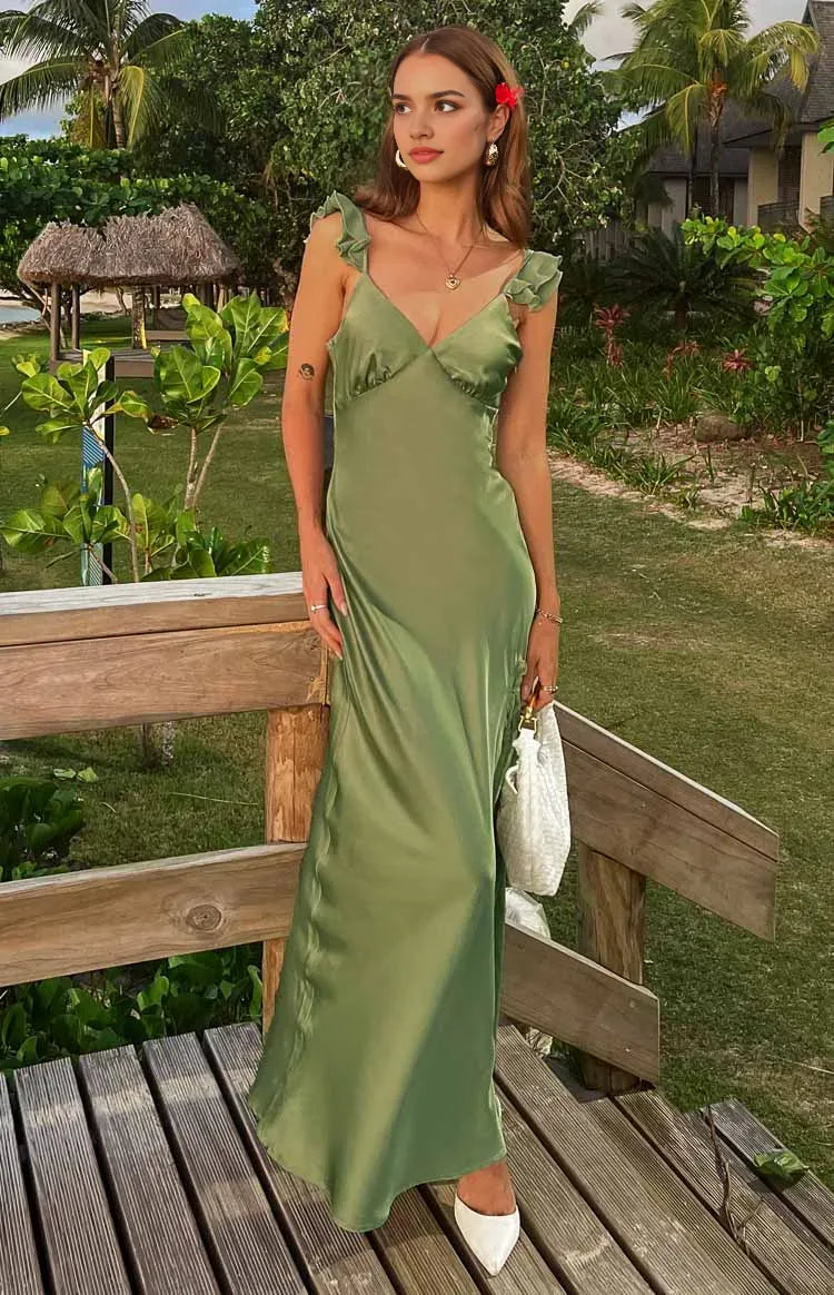 Green Olive Prom Dress Ruffled Spaghetti Straps Plunging V Neck Side Slit for a Tropical Glam Look
