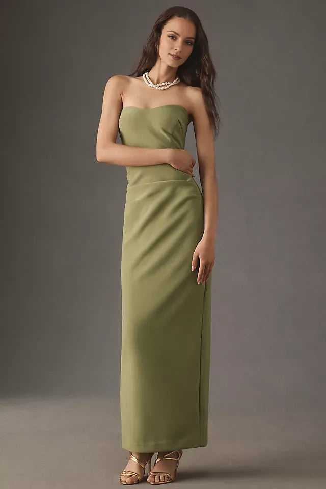 Green Olive Sheath Sweetheart Strapless Zip Back Floor-Length Ruched Prom Dresses