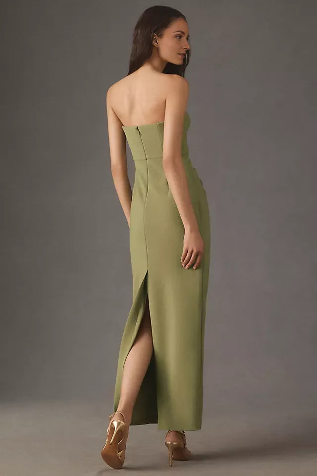 Green Olive Sheath Sweetheart Strapless Zip Back Floor-Length Ruched Prom Dresses