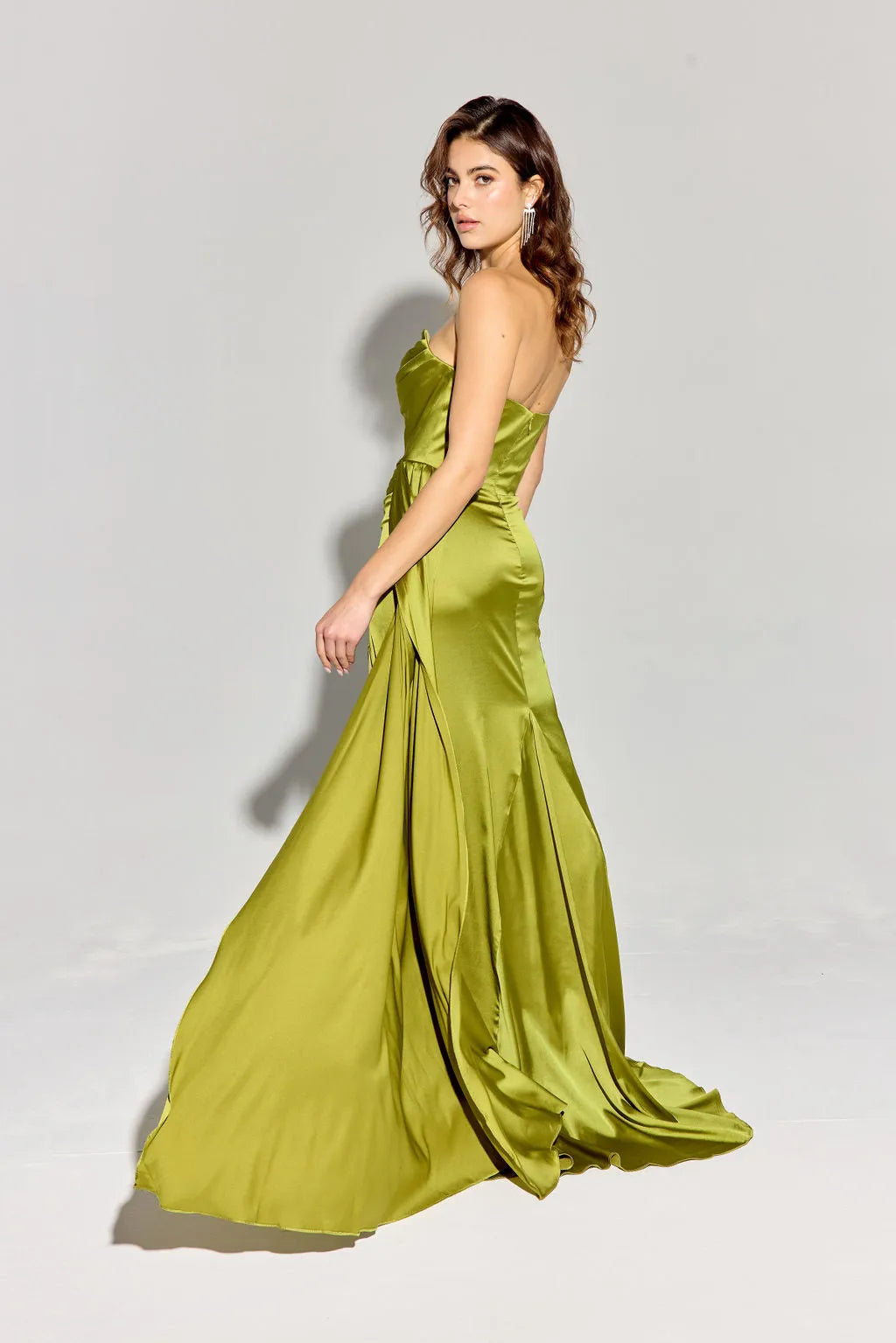 Green Olive Strapless Mermaid Prom Dress with Draped Bodice and Side Slit for Formal Occasions