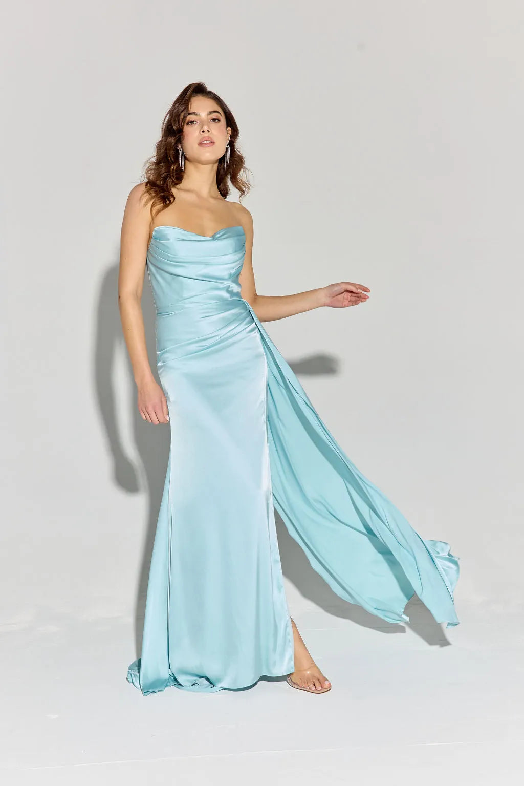 Green Olive Strapless Mermaid Prom Dress with Draped Bodice and Side Slit for Formal Occasions
