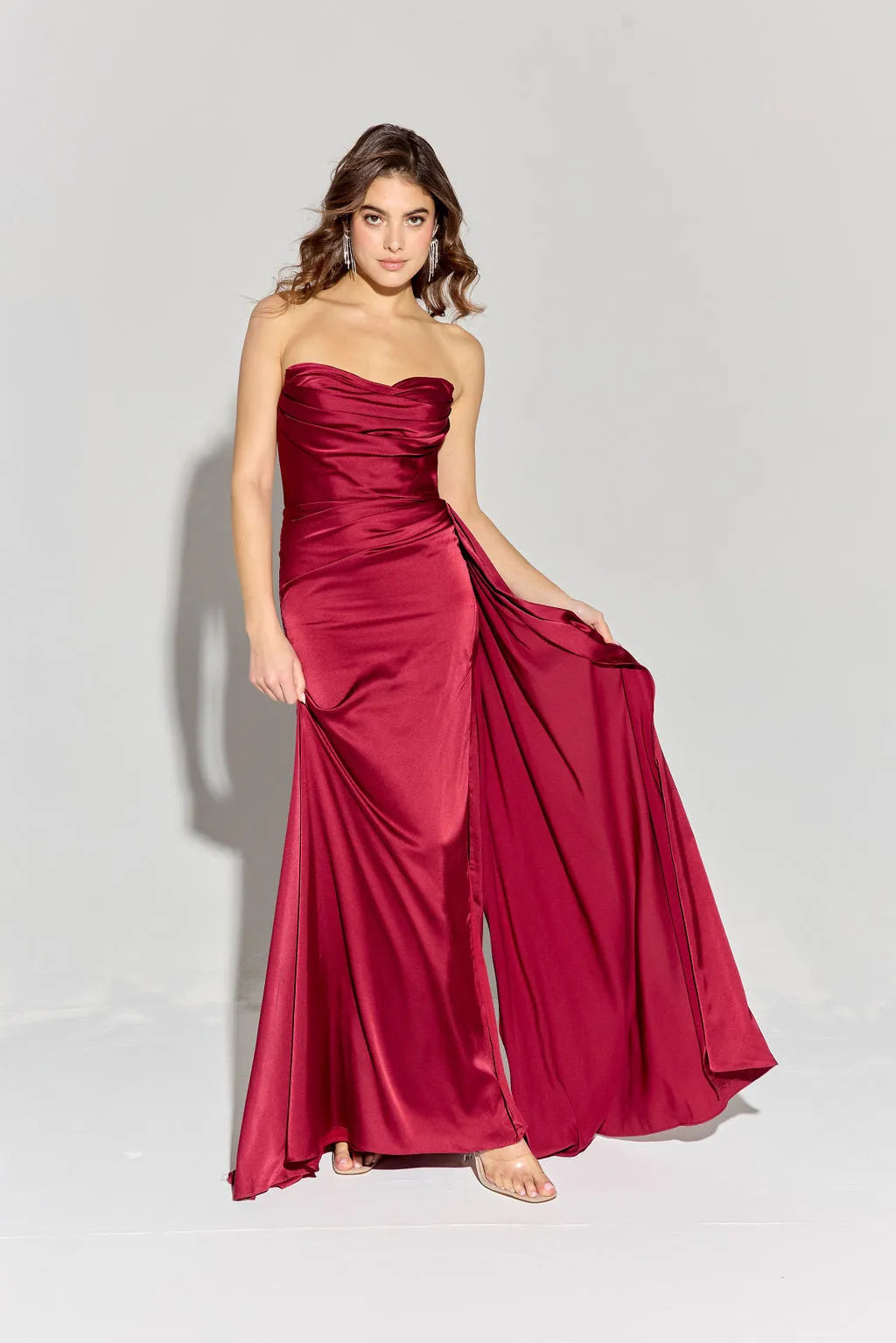 Green Olive Strapless Mermaid Prom Dress with Draped Bodice and Side Slit for Formal Occasions