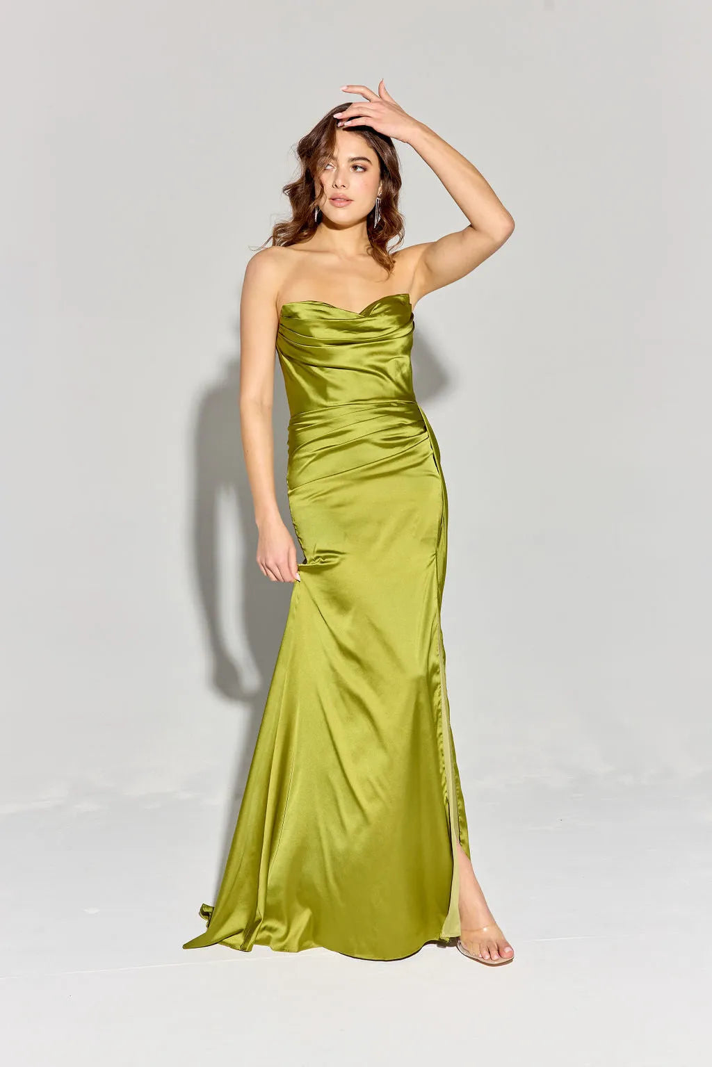 Green Olive Strapless Mermaid Prom Dress with Draped Bodice and Side Slit for Formal Occasions