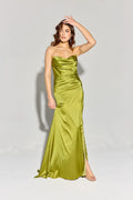 Green Olive Strapless Mermaid Prom Dress with Draped Bodice and Side Slit for Formal Occasions