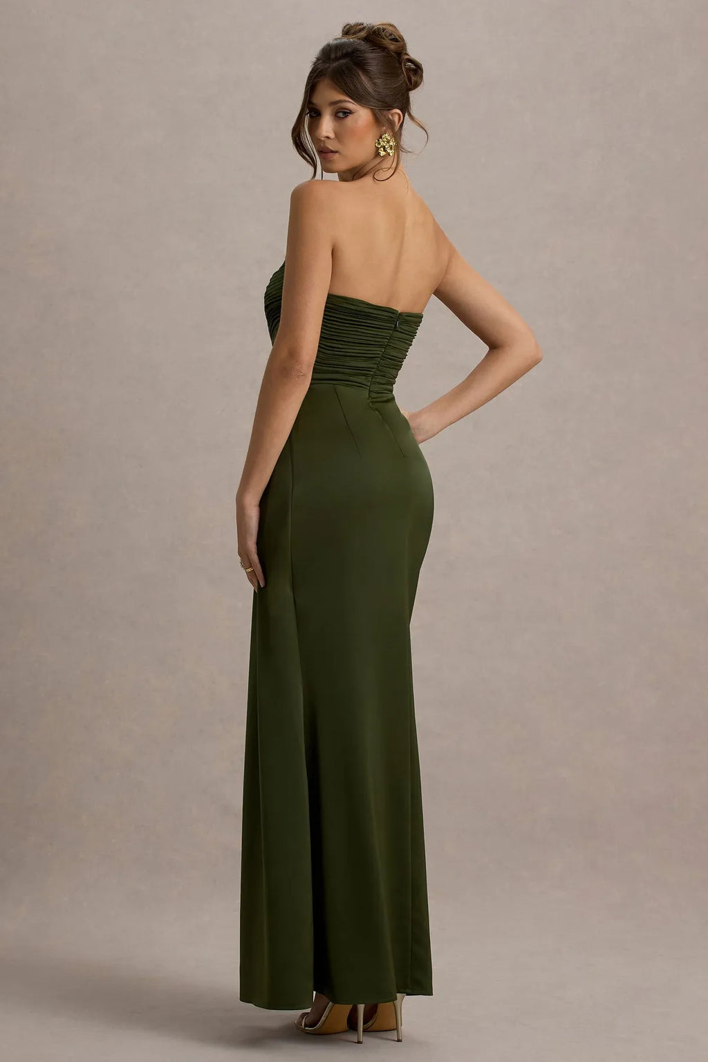 Green Olive Strapless Sweetheart Gown with Ruched Bodice and Draped