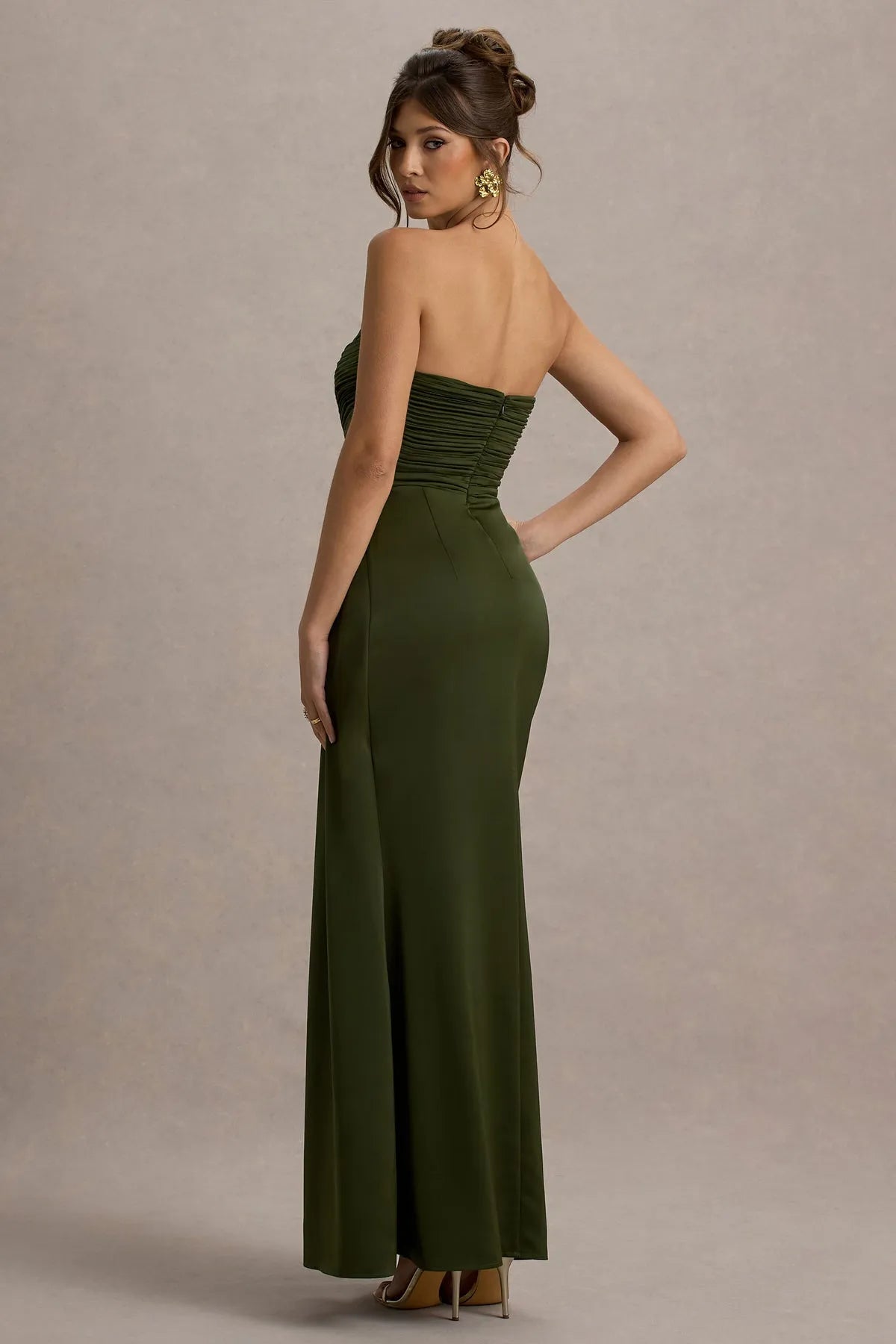 Green Olive Strapless Sweetheart Gown with Ruched Bodice and Draped