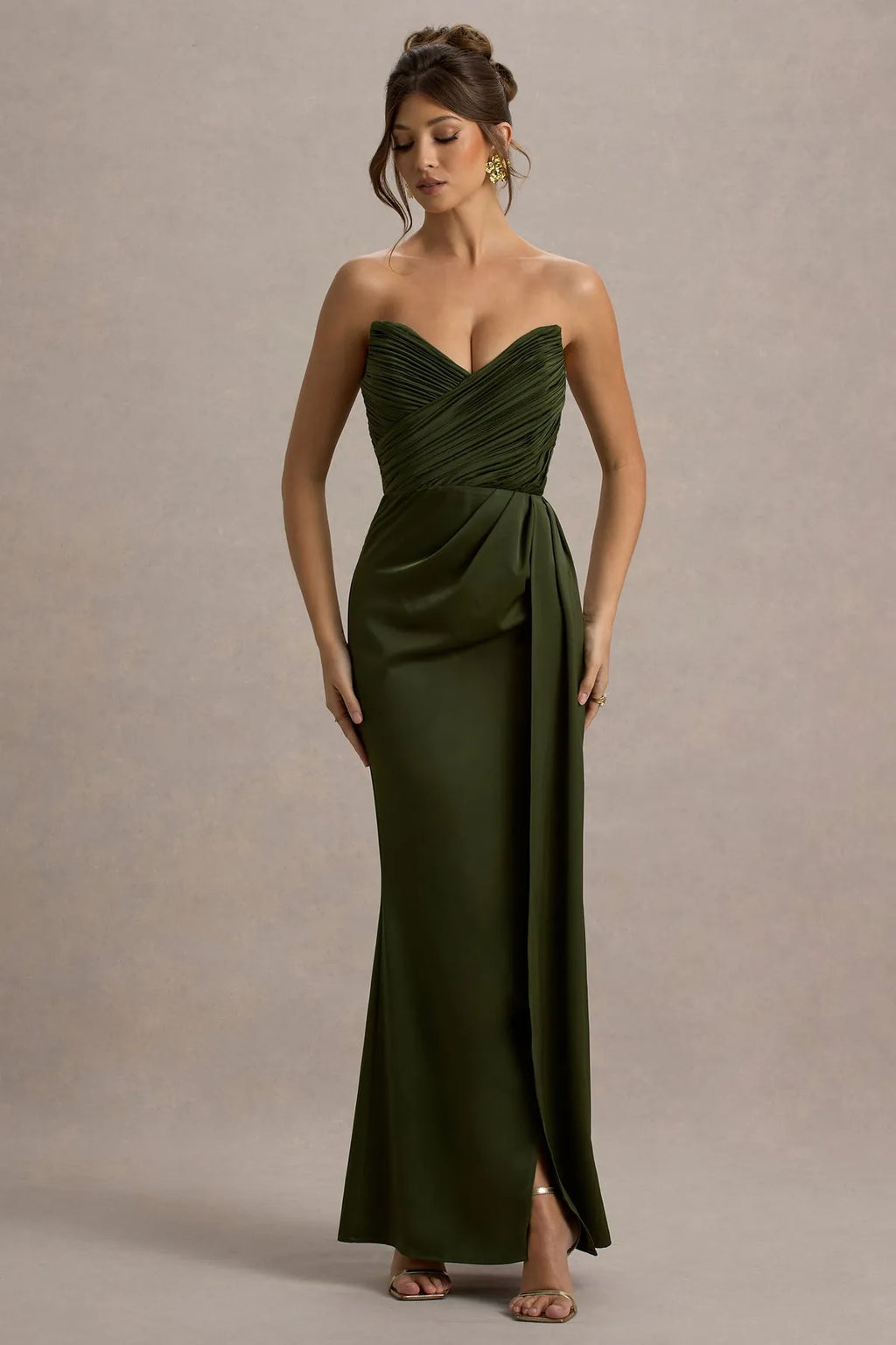 Green Olive Strapless Sweetheart Gown with Ruched Bodice and Draped