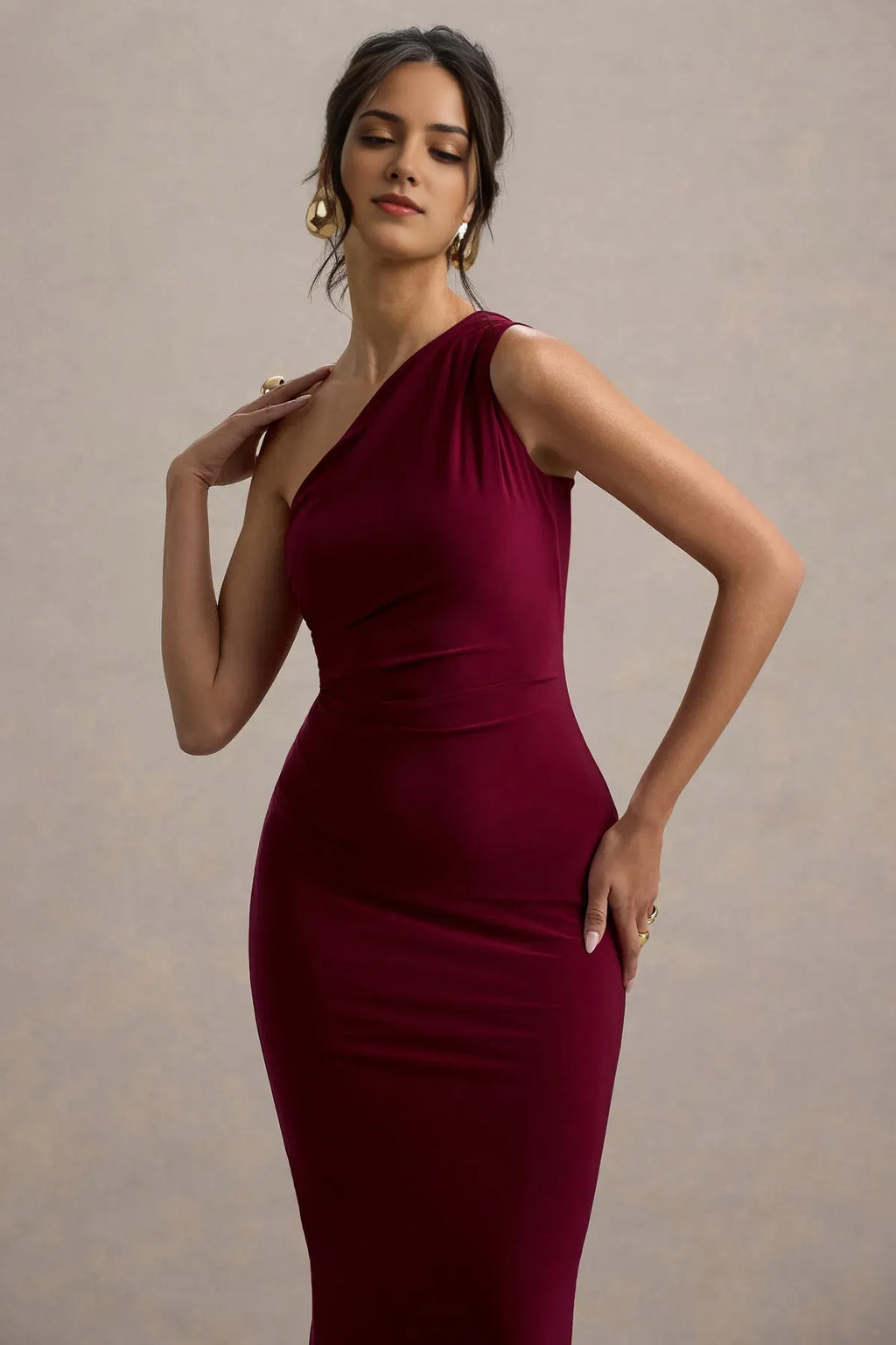 Burgundy One - Shoulder Burgundy Mermaid Gown with Ruched Waist Detai Floor - Length Bodycon Fit Perfect for Formal Proms -Tie Galas and Glamorous Evening