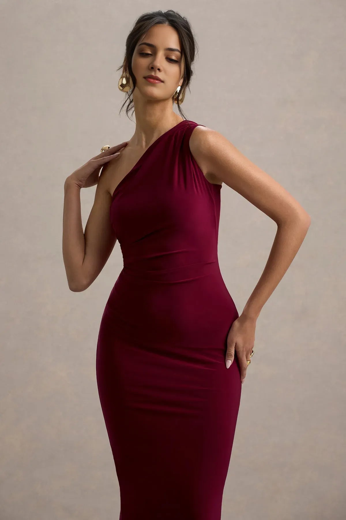 Burgundy One - Shoulder Burgundy Mermaid Gown with Ruched Waist Detai Floor - Length Bodycon Fit Perfect for Formal Proms -Tie Galas and Glamorous Evening