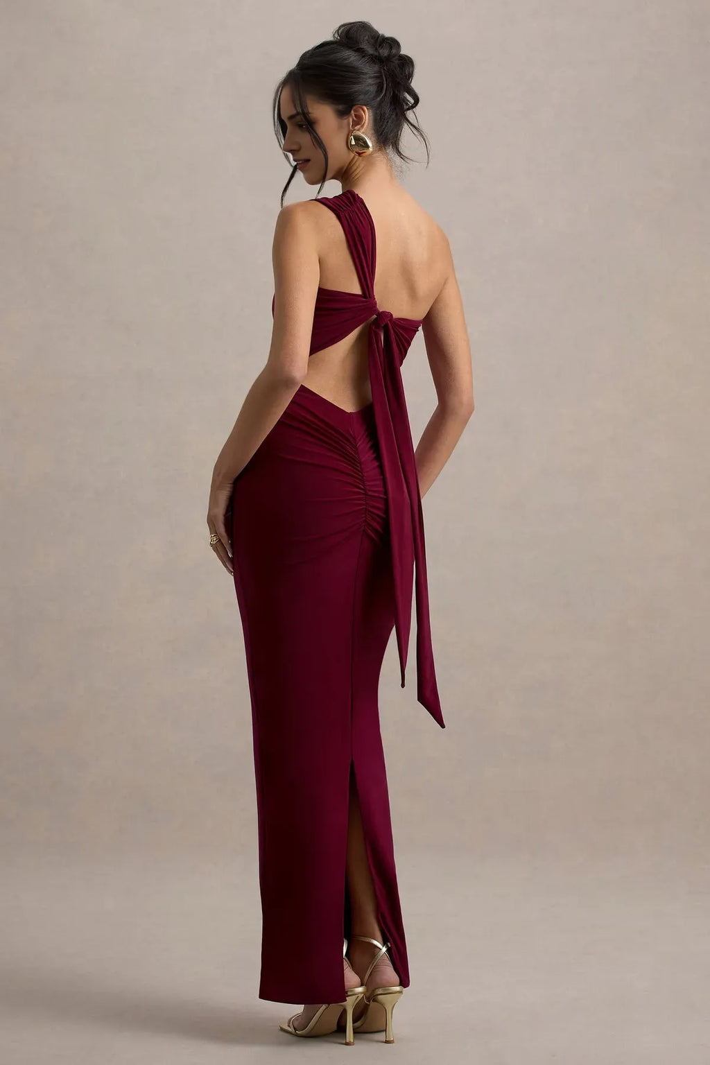 Burgundy One - Shoulder Burgundy Mermaid Gown with Ruched Waist Detai Floor - Length Bodycon Fit Perfect for Formal Proms -Tie Galas and Glamorous Evening