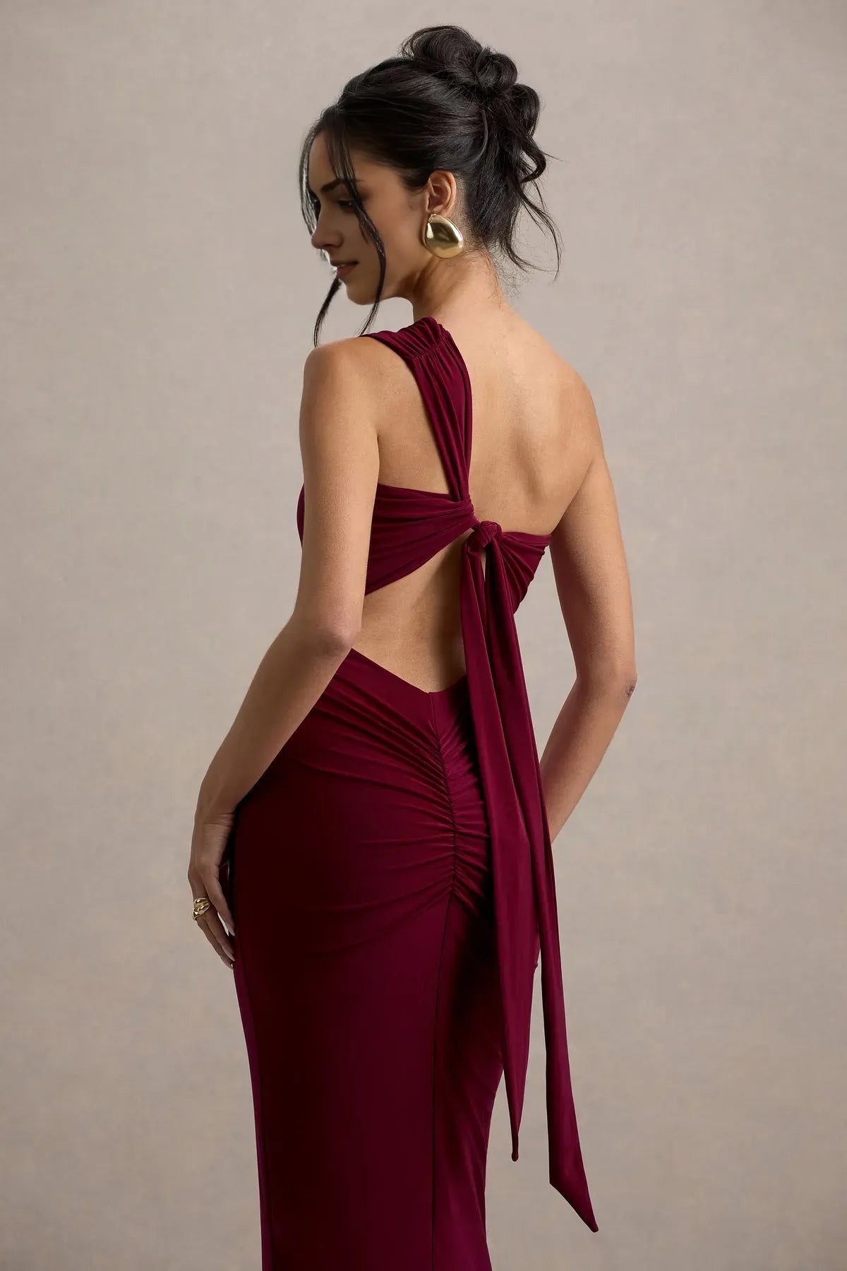 Burgundy One - Shoulder Burgundy Mermaid Gown with Ruched Waist Detai Floor - Length Bodycon Fit Perfect for Formal Proms -Tie Galas and Glamorous Evening