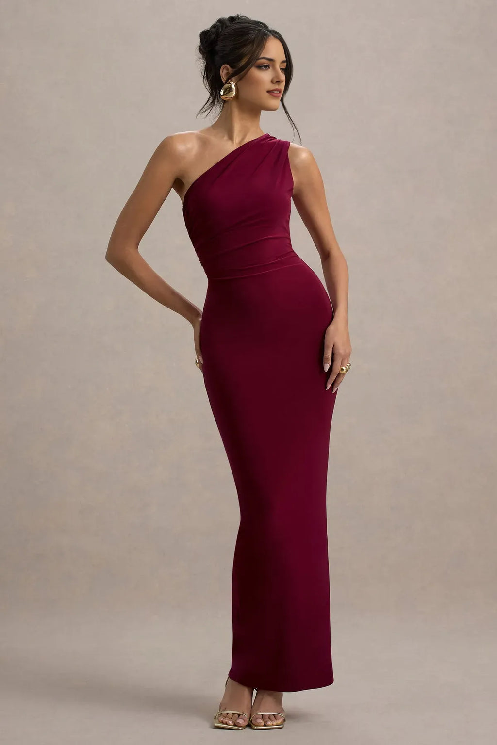 Burgundy One - Shoulder Burgundy Mermaid Gown with Ruched Waist Detai Floor - Length Bodycon Fit Perfect for Formal Proms -Tie Galas and Glamorous Evening